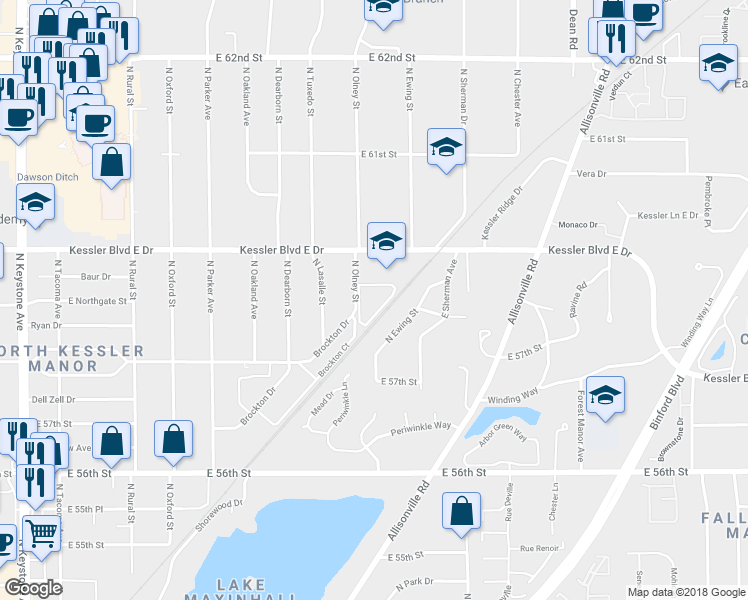 map of restaurants, bars, coffee shops, grocery stores, and more near 5801 North Olney Street in Indianapolis