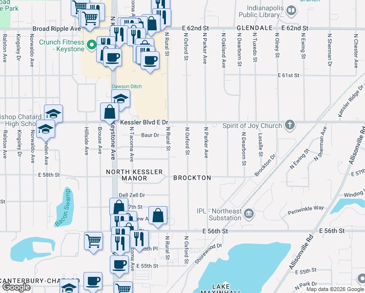 map of restaurants, bars, coffee shops, grocery stores, and more near 5846 North Oxford Street in Indianapolis