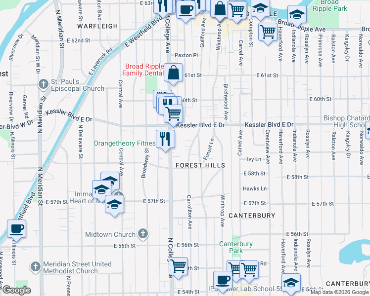 map of restaurants, bars, coffee shops, grocery stores, and more near 5858 Carrollton Avenue in Indianapolis