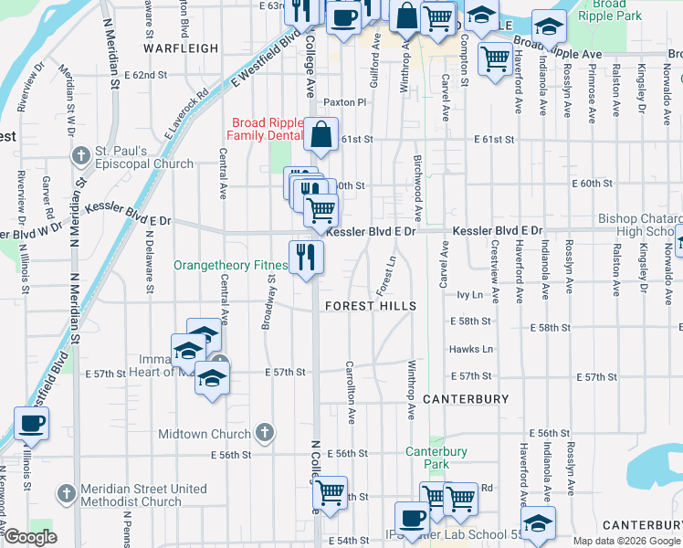 map of restaurants, bars, coffee shops, grocery stores, and more near 5858 Carrollton Avenue in Indianapolis