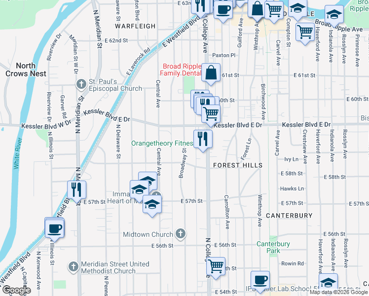 map of restaurants, bars, coffee shops, grocery stores, and more near 5840 Broadway Street in Indianapolis