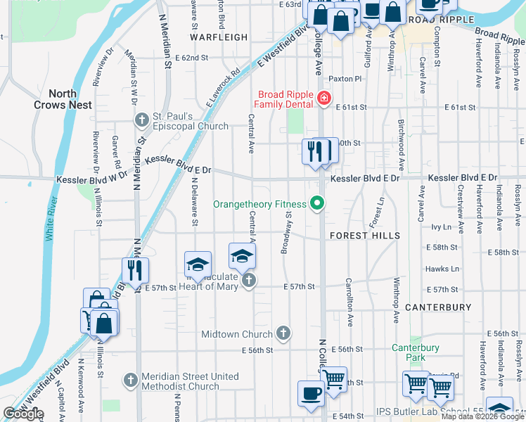 map of restaurants, bars, coffee shops, grocery stores, and more near 5853 Central Avenue in Indianapolis