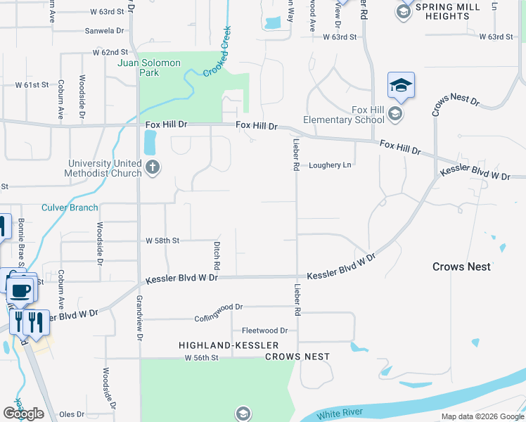 map of restaurants, bars, coffee shops, grocery stores, and more near 1045 West 59th Street in Indianapolis