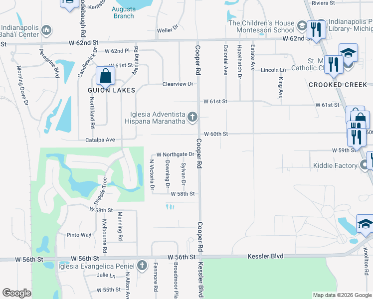 map of restaurants, bars, coffee shops, grocery stores, and more near 5952 Cooper Road in Indianapolis