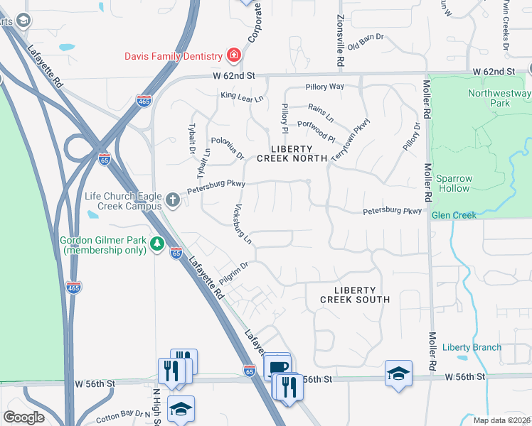 map of restaurants, bars, coffee shops, grocery stores, and more near 5920 Bowie Lane in Indianapolis