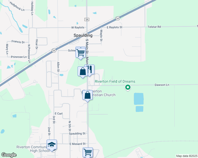 map of restaurants, bars, coffee shops, grocery stores, and more near 20 Dawson Circle in Riverton
