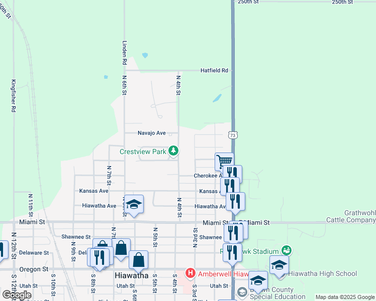 map of restaurants, bars, coffee shops, grocery stores, and more near 298 Pawnee Avenue in Hiawatha