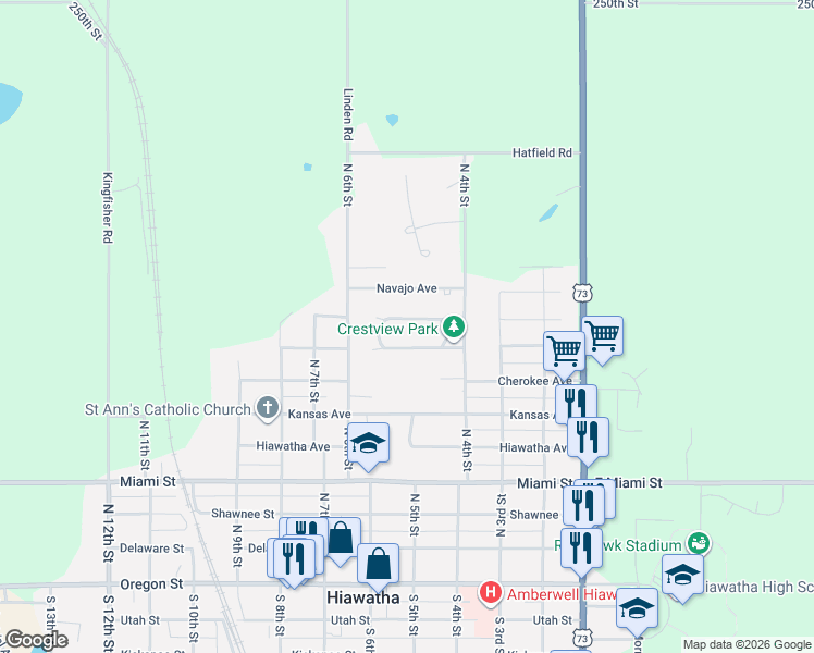 map of restaurants, bars, coffee shops, grocery stores, and more near 434-550 Pawnee Avenue in Hiawatha