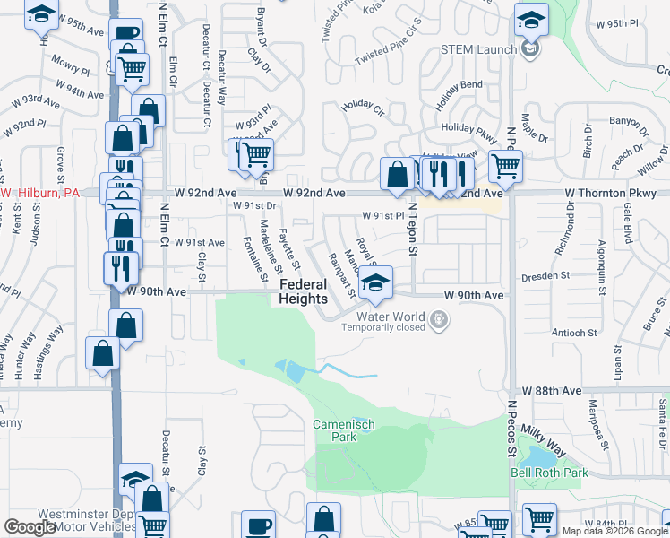 map of restaurants, bars, coffee shops, grocery stores, and more near 9061 Rampart Street in Federal Heights