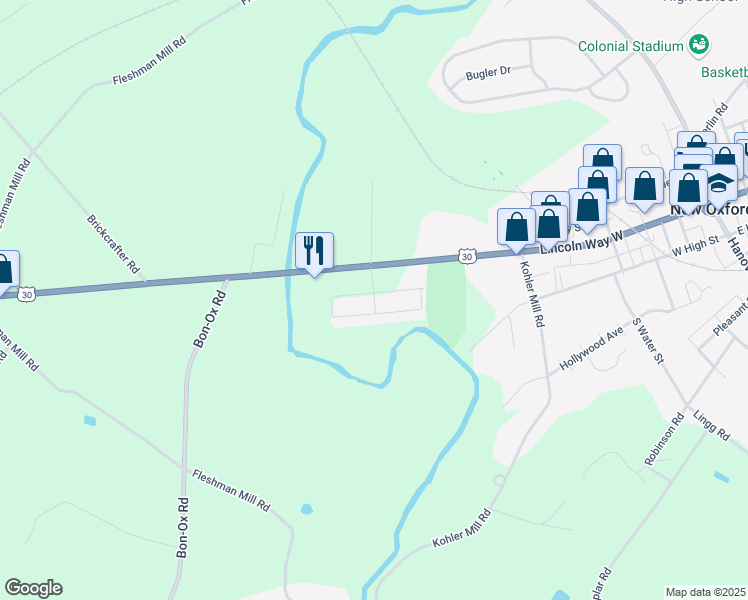map of restaurants, bars, coffee shops, grocery stores, and more near 212 Erin Court in New Oxford