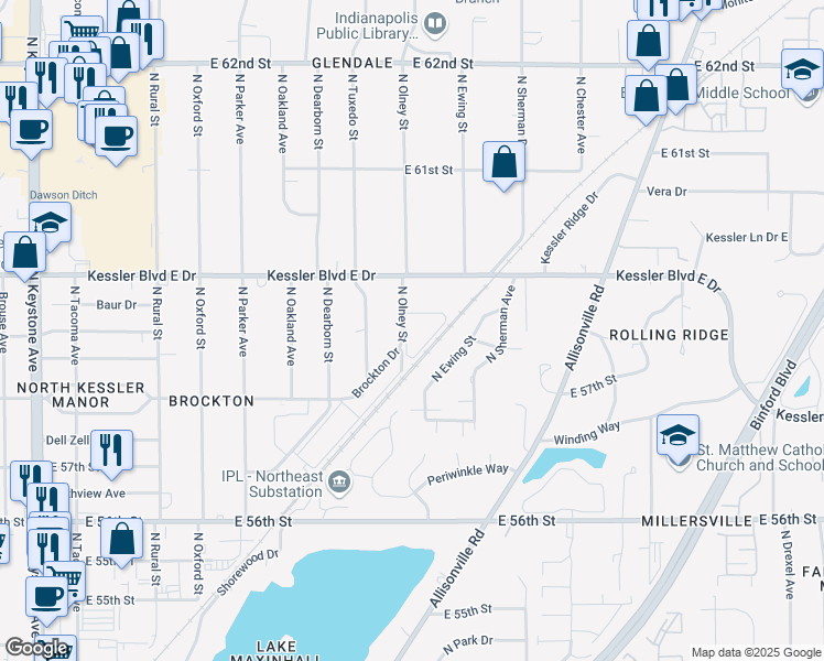 map of restaurants, bars, coffee shops, grocery stores, and more near 5801 North Olney Street in Indianapolis