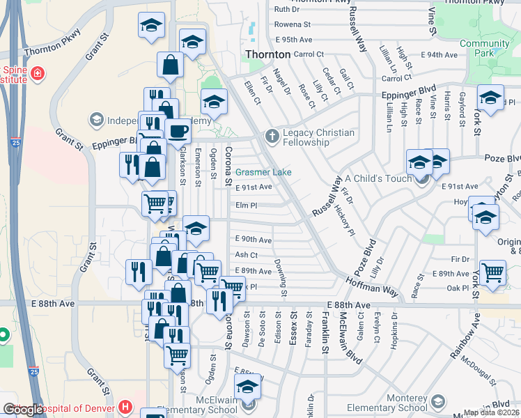 map of restaurants, bars, coffee shops, grocery stores, and more near 1070 Elm Place in Thornton
