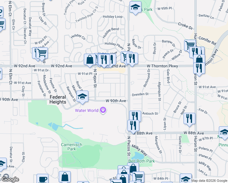 map of restaurants, bars, coffee shops, grocery stores, and more near 9001-9099 Valley Vista Cir in Federal Heights