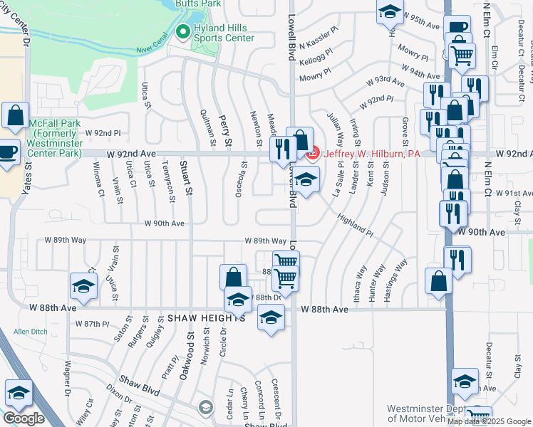 map of restaurants, bars, coffee shops, grocery stores, and more near 3643 West 90th Place in Westminster