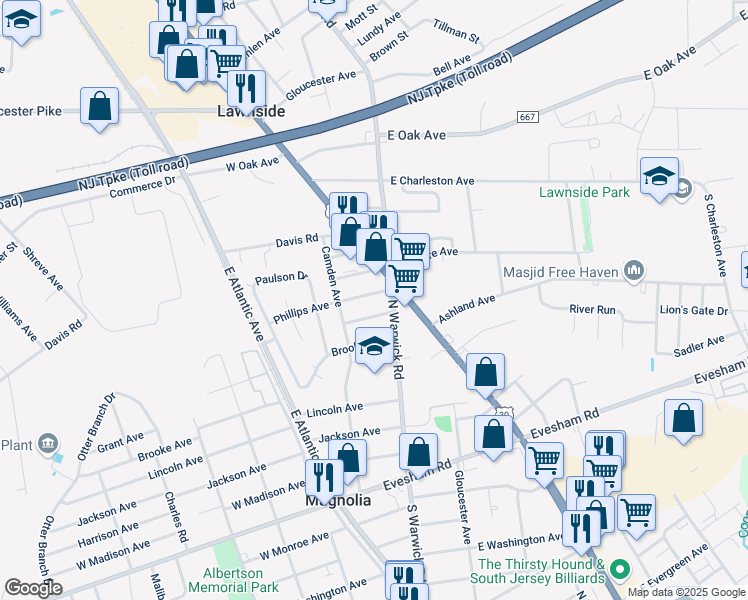 map of restaurants, bars, coffee shops, grocery stores, and more near 107 Phillips Avenue in Magnolia
