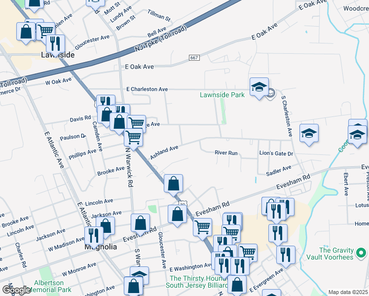 map of restaurants, bars, coffee shops, grocery stores, and more near 122 Ashland Avenue in Lawnside