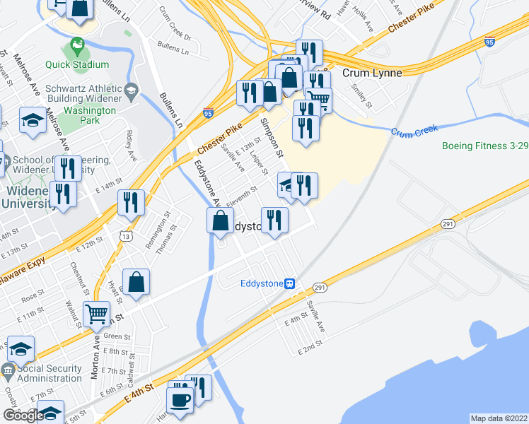 map of restaurants, bars, coffee shops, grocery stores, and more near 1012 Saville Avenue in Eddystone