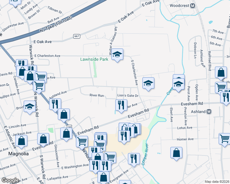 map of restaurants, bars, coffee shops, grocery stores, and more near 348 Silk Street in Lawnside