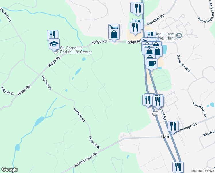 map of restaurants, bars, coffee shops, grocery stores, and more near 15 Ridings Way in Chadds Ford