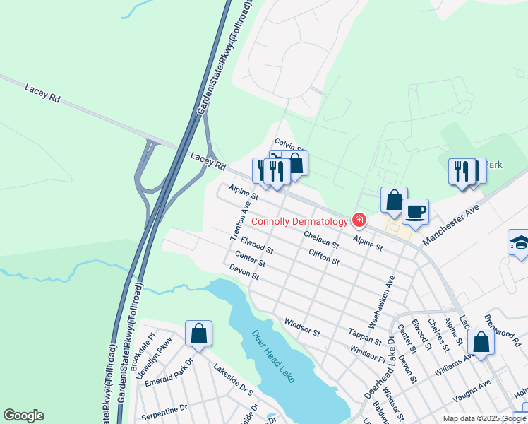 map of restaurants, bars, coffee shops, grocery stores, and more near 1010 Chelsea Street in Lacey Township