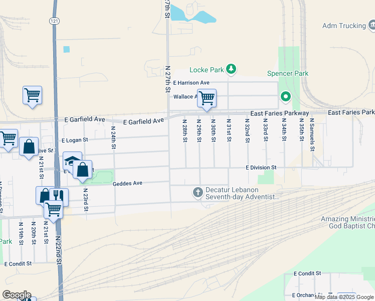 map of restaurants, bars, coffee shops, grocery stores, and more near 1700 North 28th Street in Decatur
