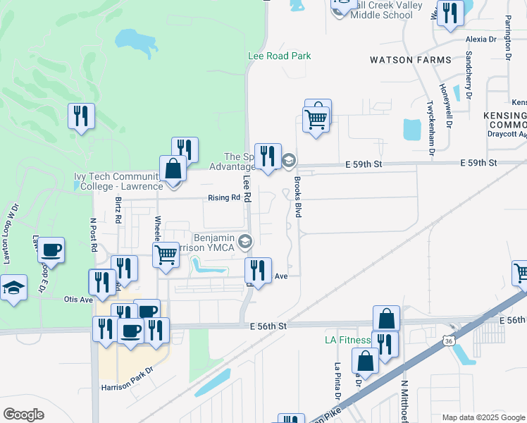 map of restaurants, bars, coffee shops, grocery stores, and more near 5812 Beatle Drive in Indianapolis