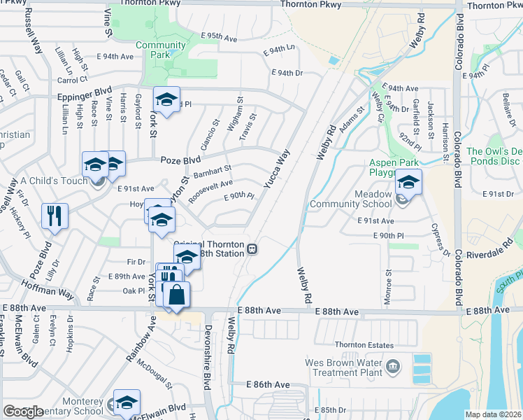 map of restaurants, bars, coffee shops, grocery stores, and more near 9050 Yucca Way in Thornton