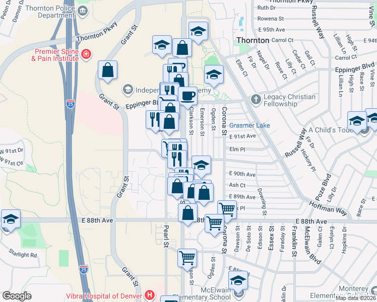 map of restaurants, bars, coffee shops, grocery stores, and more near 9051 Clarkson Street in Thornton