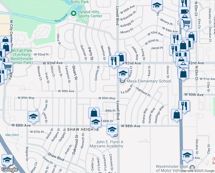 map of restaurants, bars, coffee shops, grocery stores, and more near 3643 West 90th Place in Westminster