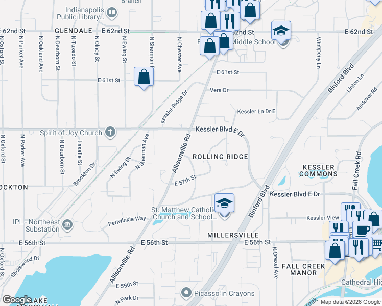 map of restaurants, bars, coffee shops, grocery stores, and more near 3920 East 58th Street in Indianapolis