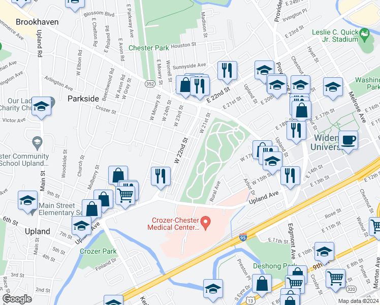 map of restaurants, bars, coffee shops, grocery stores, and more near 240 West 21st Street in Chester