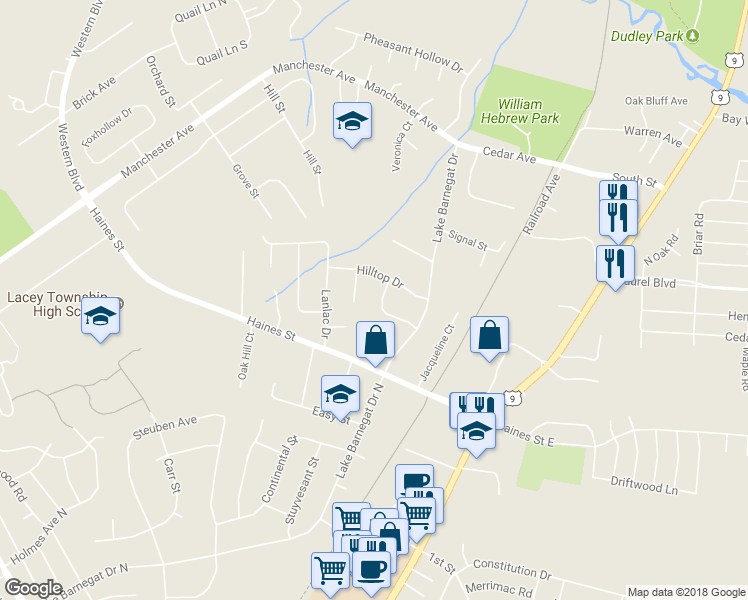 map of restaurants, bars, coffee shops, grocery stores, and more near 31 Ernest Drive in Lacey Township