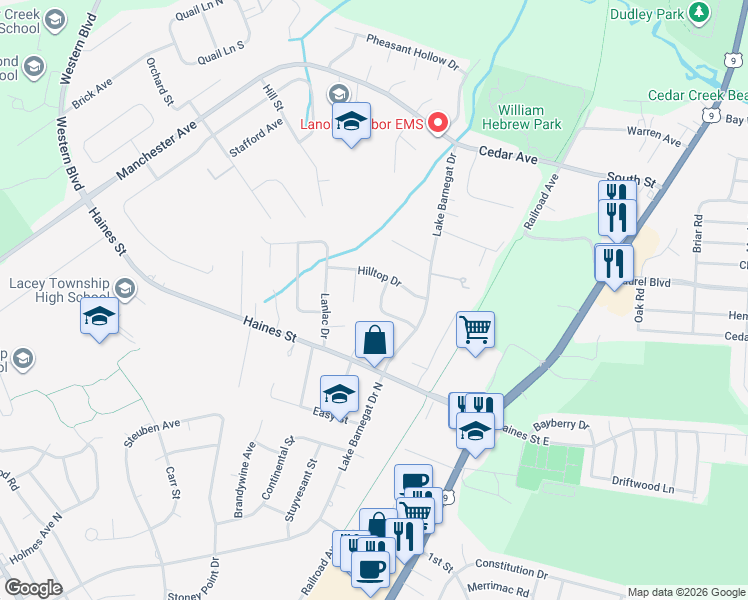 map of restaurants, bars, coffee shops, grocery stores, and more near 31 Ernest Drive in Lacey Township