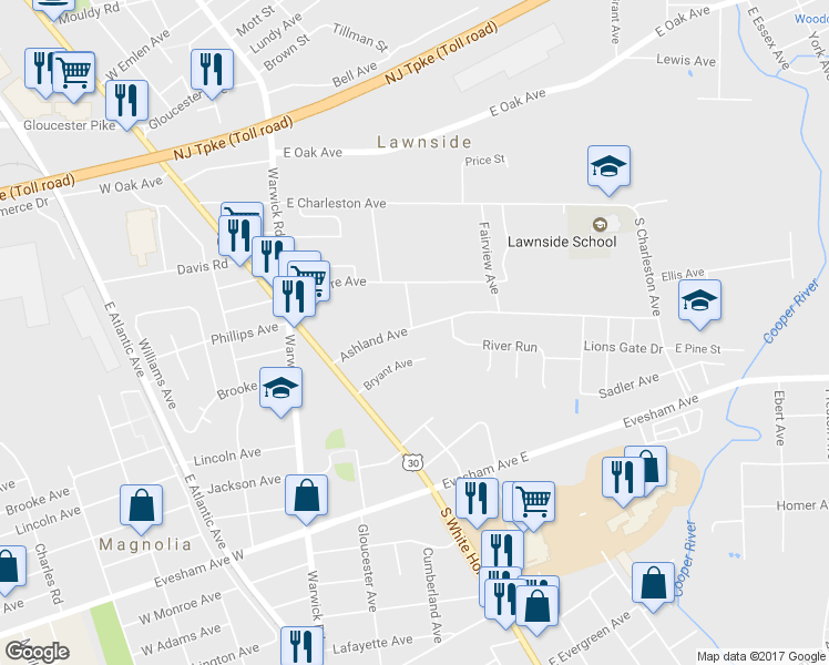 map of restaurants, bars, coffee shops, grocery stores, and more near 122 Ashland Avenue in Lawnside