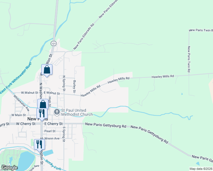 map of restaurants, bars, coffee shops, grocery stores, and more near 8326 Hawley Mills Road in New Paris