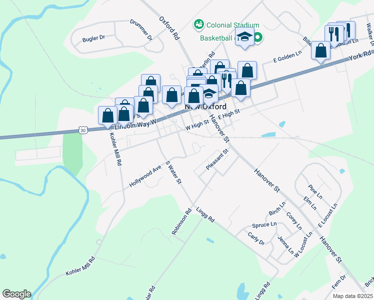 map of restaurants, bars, coffee shops, grocery stores, and more near 120 South Orange Street in New Oxford