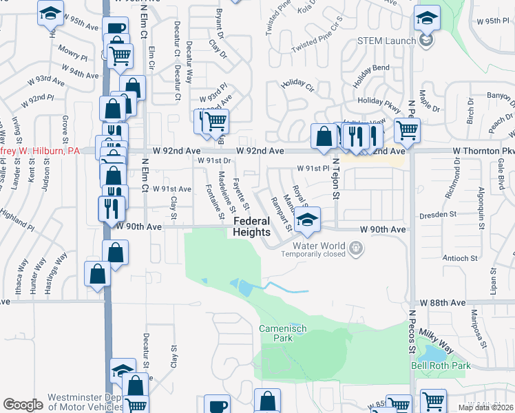 map of restaurants, bars, coffee shops, grocery stores, and more near 9061 Rampart Street in Federal Heights