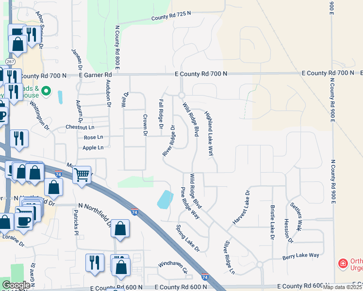 map of restaurants, bars, coffee shops, grocery stores, and more near 1215 Summer Ridge Lane in Brownsburg