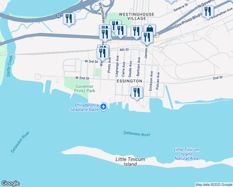 map of restaurants, bars, coffee shops, grocery stores, and more near 202 Front Street in Tinicum Township