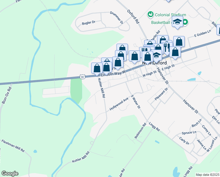 map of restaurants, bars, coffee shops, grocery stores, and more near 335 West High Street in New Oxford