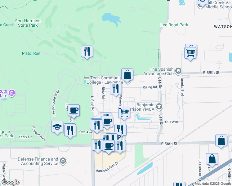 map of restaurants, bars, coffee shops, grocery stores, and more near 9148 Umbarger drive in Indianapolis