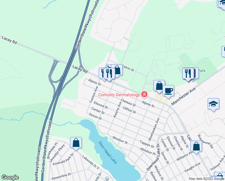 map of restaurants, bars, coffee shops, grocery stores, and more near 1011 Center Street in Lacey Township