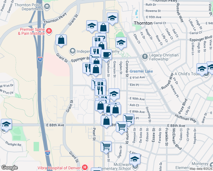 map of restaurants, bars, coffee shops, grocery stores, and more near 9051 Clarkson Street in Thornton