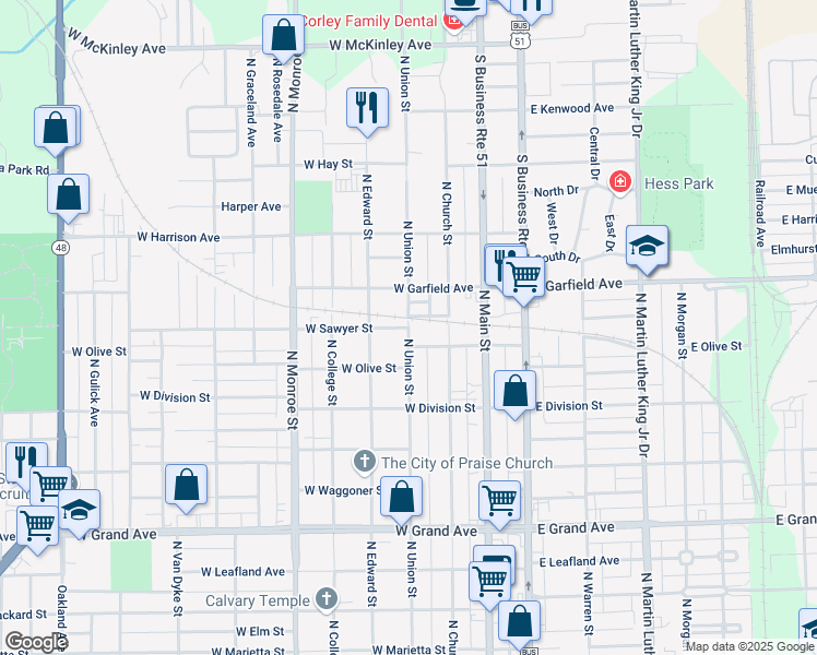 map of restaurants, bars, coffee shops, grocery stores, and more near 300 West Sawyer Street in Decatur