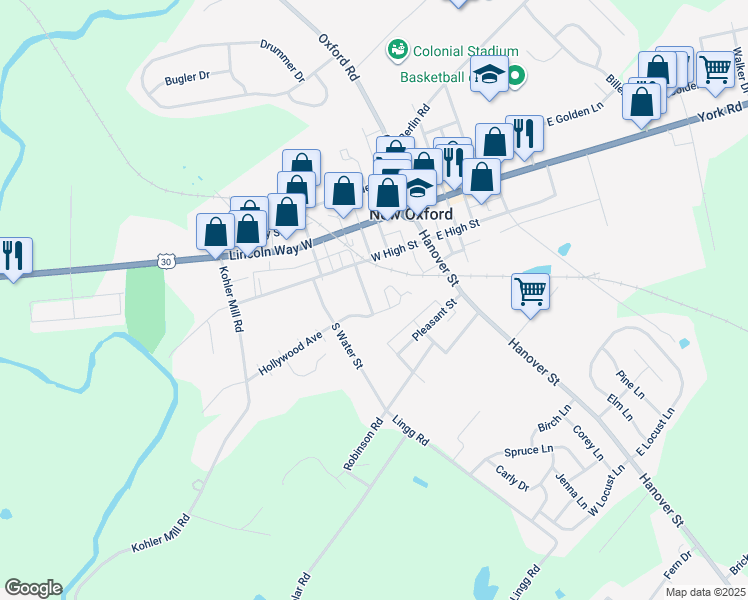 map of restaurants, bars, coffee shops, grocery stores, and more near 120 South Orange Street in New Oxford
