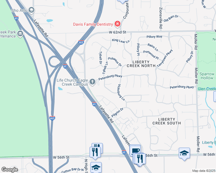 map of restaurants, bars, coffee shops, grocery stores, and more near 6053 Blackley Court in Indianapolis