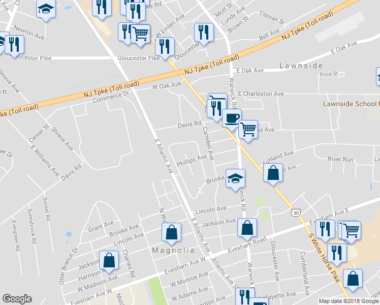 map of restaurants, bars, coffee shops, grocery stores, and more near 215 Arnold Pl in Magnolia
