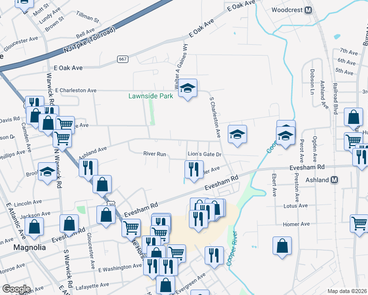 map of restaurants, bars, coffee shops, grocery stores, and more near 348 Silk Street in Lawnside