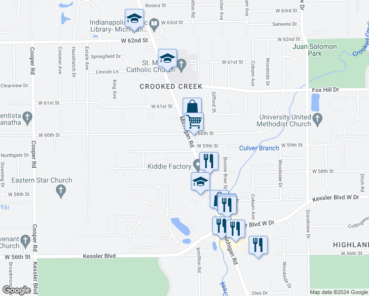 map of restaurants, bars, coffee shops, grocery stores, and more near 2130 West 59th Street in Indianapolis