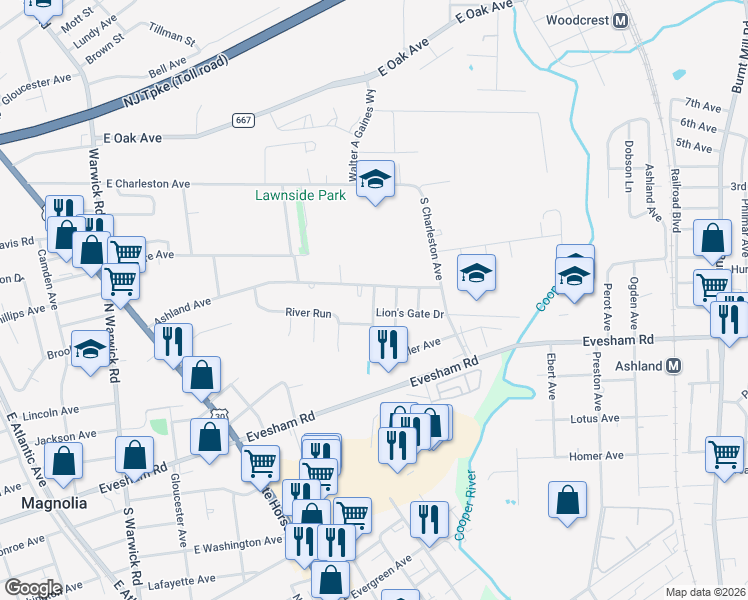 map of restaurants, bars, coffee shops, grocery stores, and more near 348 Silk Street in Lawnside